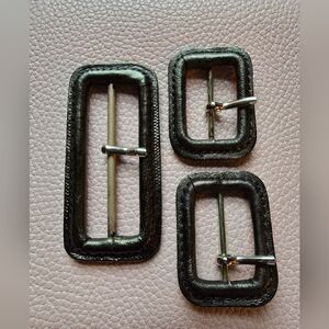 Italian Black Leather-Covered Rectangle Buckles - Set of 3
